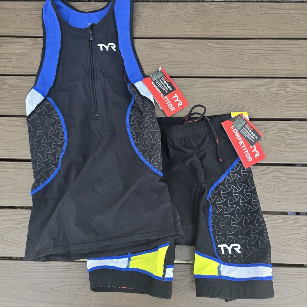 TYR Men Black/blue Tri Triathlon Tank  & 7 In Padded Short Competitor SZ XS New